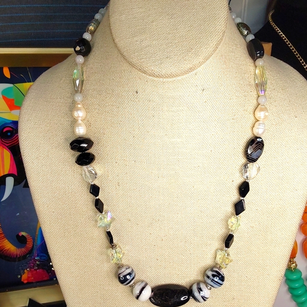 Handmade freshwater pearls white jade black onyx and crystal